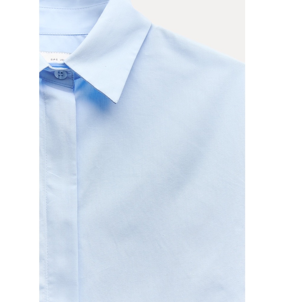 Zara Slim Fit Poplin Cotton Shirt Light Blue below-the-elbow sleeves ZW XS NWT - Picture 9 of 16